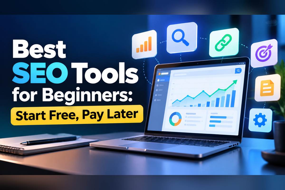 Best SEO Tools for Beginners: Start Free, Pay Later Best SEO tools for beginners graphic showing a laptop with an analytics dashboard surrounded by icons for keywords, backlinks, rank tracking, content and settings