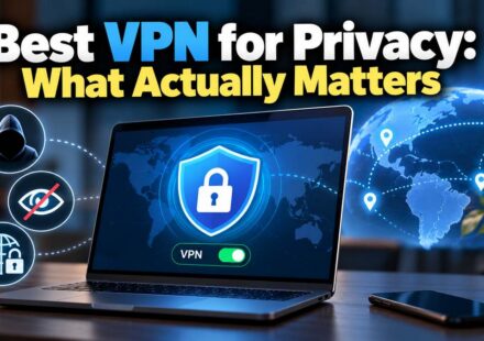 Laptop with a VPN switched on and a padlock shield on screen, beside icons for anonymity, anti-tracking and secure browsing