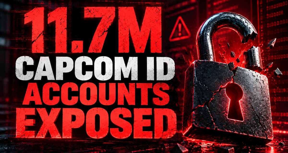 Broken padlock with glowing red keyhole next to text showing 11.7 million CAPCOM ID accounts exposed in Capcom data breach