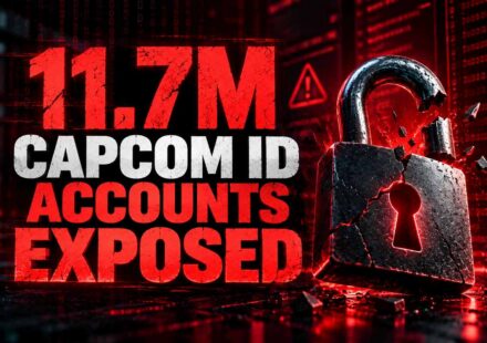 Broken padlock with glowing red keyhole next to text showing 11.7 million CAPCOM ID accounts exposed in Capcom data breach