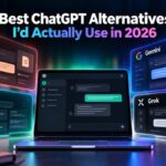 Best ChatGPT alternatives in 2026 featured image showing Claude, Perplexity, Gemini and Grok interface panels floating around a laptop running ChatGPT