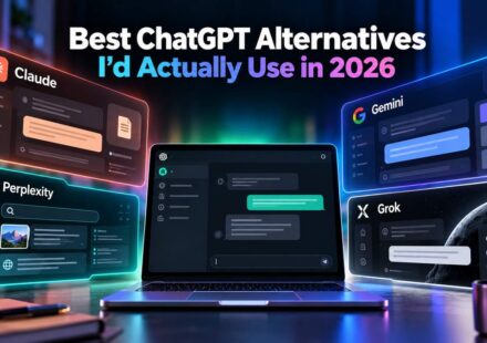 Best ChatGPT alternatives in 2026 featured image showing Claude, Perplexity, Gemini and Grok interface panels floating around a laptop running ChatGPT