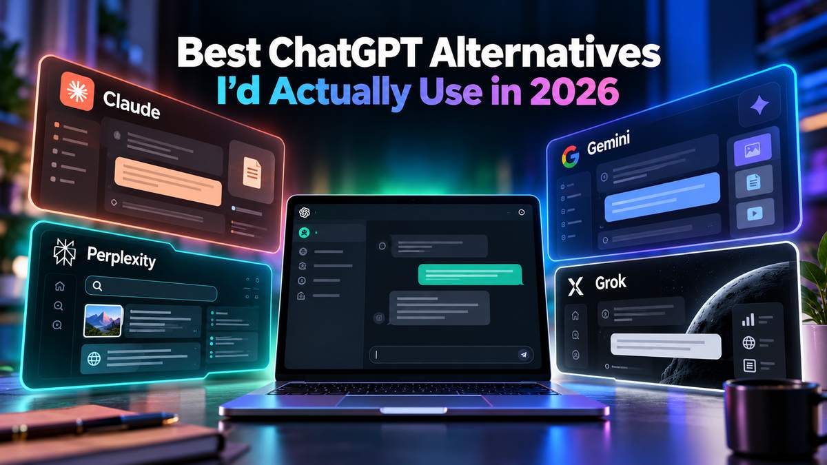 Best ChatGPT alternatives in 2026 featured image showing Claude, Perplexity, Gemini and Grok interface panels floating around a laptop running ChatGPT