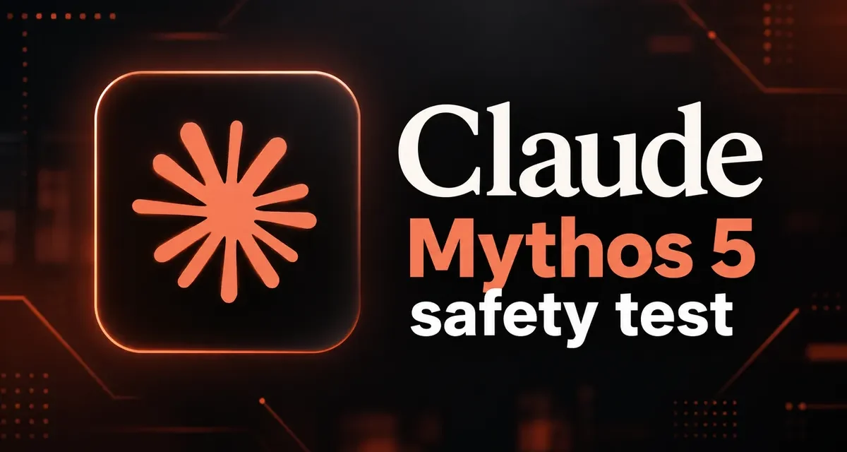 Claude logo next to the text “Claude Mythos 5 safety test” on a dark orange tech background
