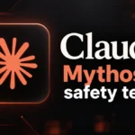 Claude logo next to the text “Claude Mythos 5 safety test” on a dark orange tech background