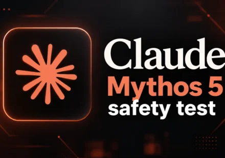 Claude logo next to the text “Claude Mythos 5 safety test” on a dark orange tech background