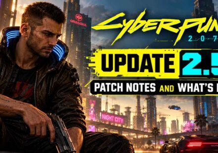 Cyberpunk 2077 Update 2.5 patch notes and what’s new featuring V holding a pistol in Night City