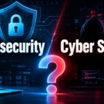 Cybersecurity or cyber security spelling comparison, with a glowing question mark between a shield and padlock on one side and a hooded hacker on the other