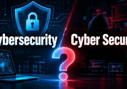 Cybersecurity or cyber security spelling comparison, with a glowing question mark between a shield and padlock on one side and a hooded hacker on the other