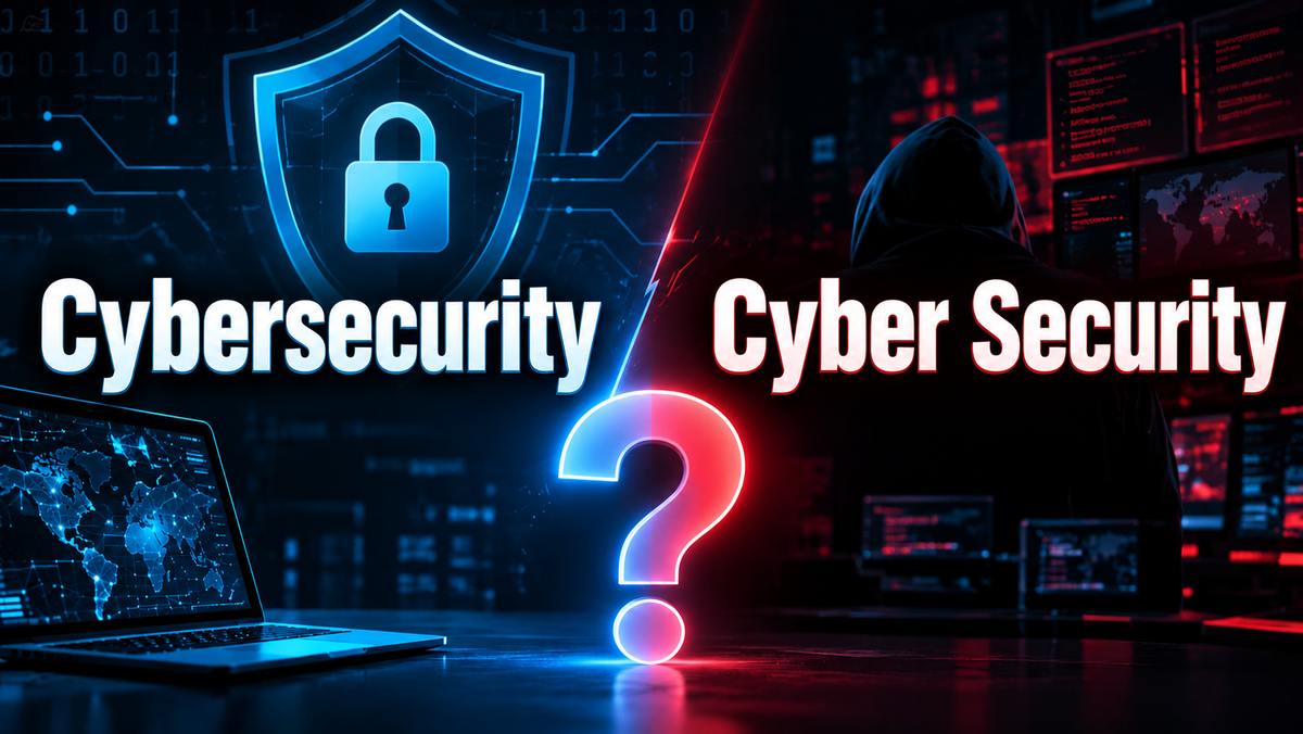 Cybersecurity or cyber security spelling comparison, with a glowing question mark between a shield and padlock on one side and a hooded hacker on the other