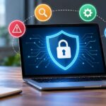 Cybersecurity Risk Management: A Plain-English Guide Laptop with a glowing security shield next to wooden blocks reading Identify, Assess, Mitigate and Monitor, the four steps of cybersecurity risk management