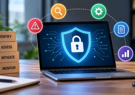 Laptop with a glowing security shield next to wooden blocks reading Identify, Assess, Mitigate and Monitor, the four steps of cybersecurity risk management
