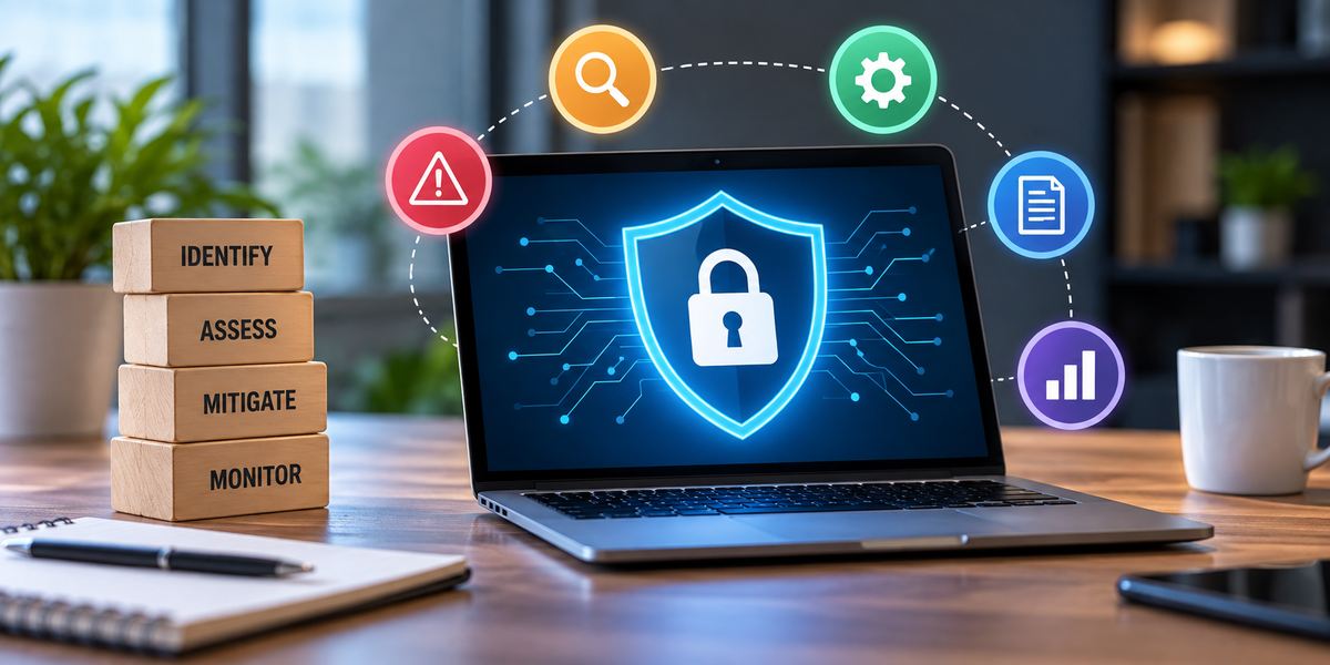 Laptop with a glowing security shield next to wooden blocks reading Identify, Assess, Mitigate and Monitor, the four steps of cybersecurity risk management