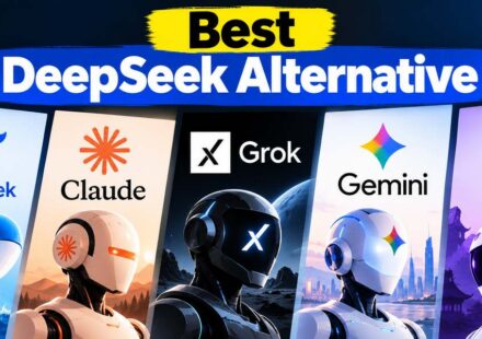 DeepSeek alternative comparison showing DeepSeek, Claude, Grok, Gemini and Qwen logos above robot characters
