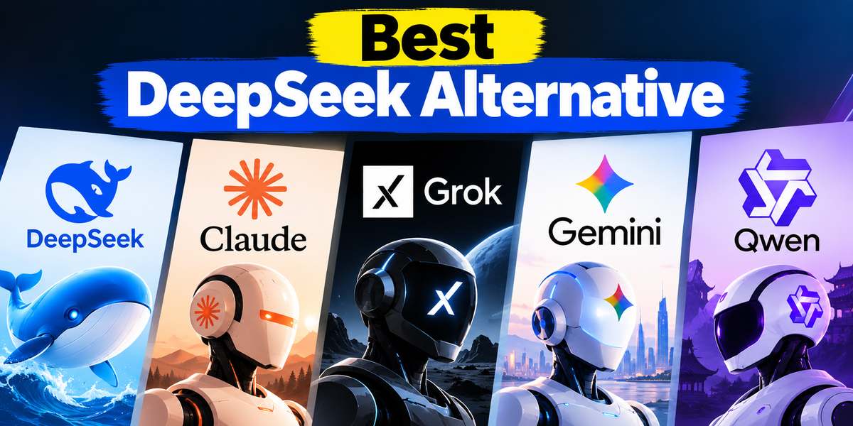 DeepSeek alternative comparison showing DeepSeek, Claude, Grok, Gemini and Qwen logos above robot characters