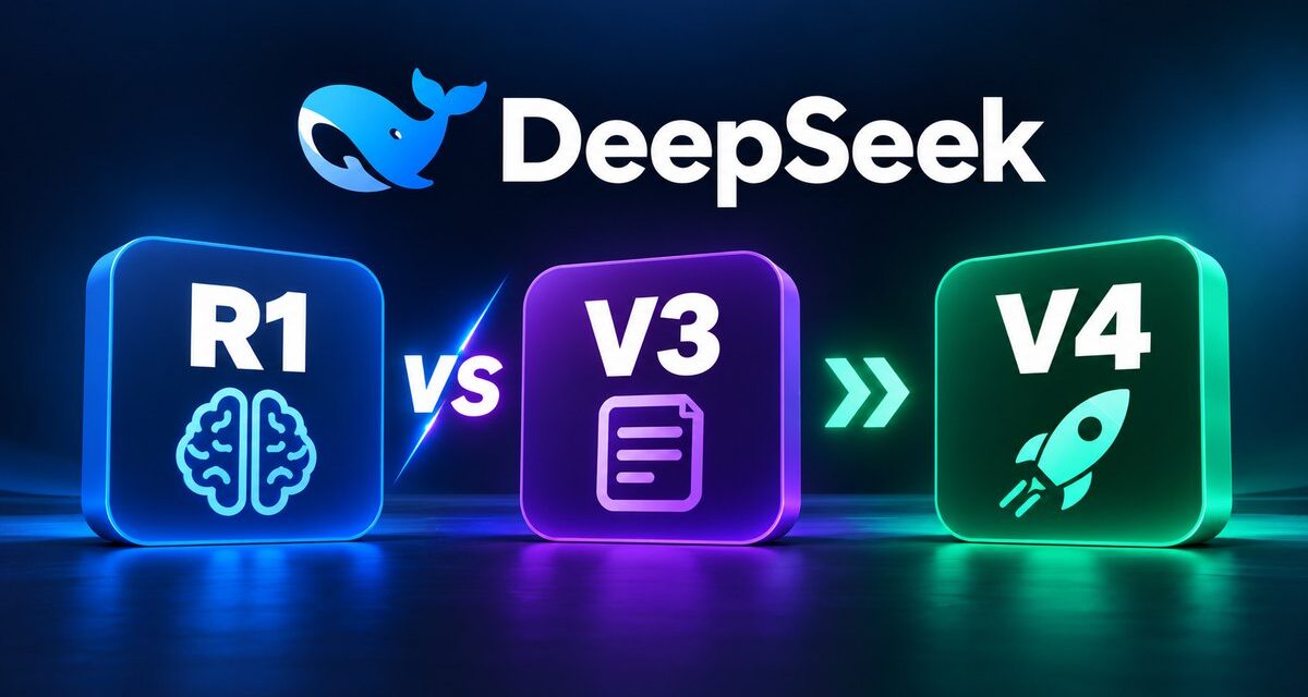 DeepSeek logo above glowing R1, V3 and V4 tiles showing the progression of DeepSeek AI models