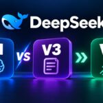 DeepSeek logo above glowing R1, V3 and V4 tiles showing the progression of DeepSeek AI models