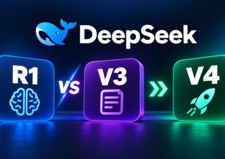 DeepSeek logo above glowing R1, V3 and V4 tiles showing the progression of DeepSeek AI models
