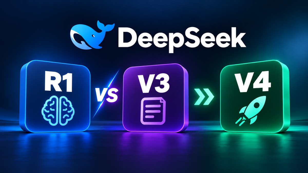 DeepSeek logo above glowing R1, V3 and V4 tiles showing the progression of DeepSeek AI models
