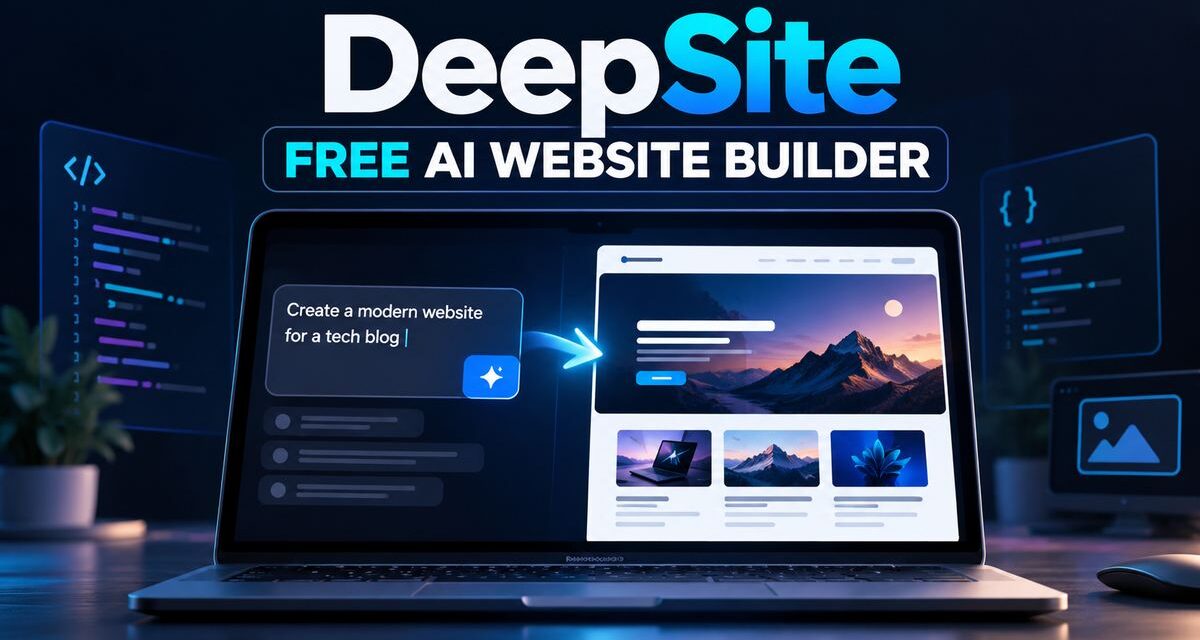 Laptop showing DeepSite turning a text prompt into a modern tech blog website, under a "Free AI Website Builder" headline