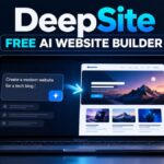 Laptop showing DeepSite turning a text prompt into a modern tech blog website, under a "Free AI Website Builder" headline
