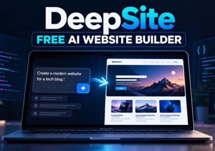 Laptop showing DeepSite turning a text prompt into a modern tech blog website, under a "Free AI Website Builder" headline