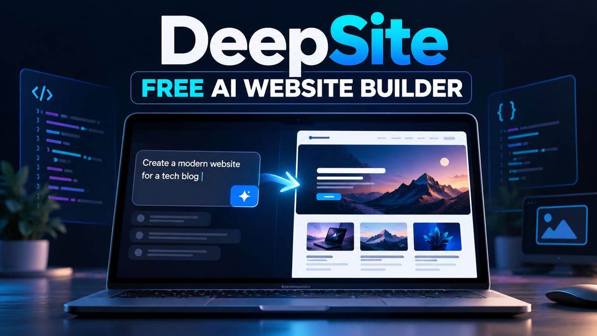Laptop showing DeepSite turning a text prompt into a modern tech blog website, under a "Free AI Website Builder" headline