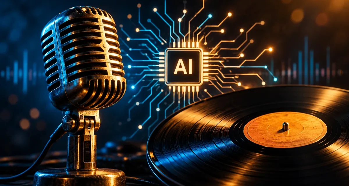 Vintage microphone and vinyl record beside a glowing AI chip, representing the Elvis Presley estate’s lawsuit against Anthropic