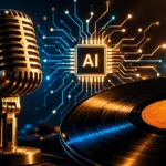 Vintage microphone and vinyl record beside a glowing AI chip, representing the Elvis Presley estate’s lawsuit against Anthropic