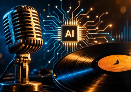 Vintage microphone and vinyl record beside a glowing AI chip, representing the Elvis Presley estate’s lawsuit against Anthropic
