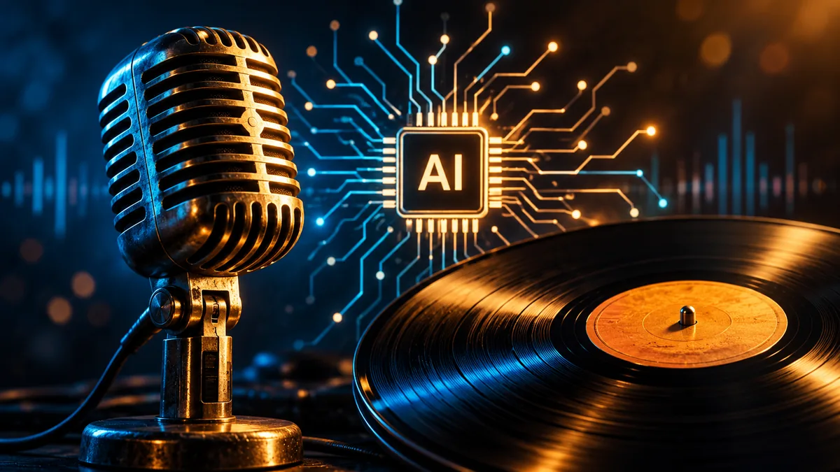 Vintage microphone and vinyl record beside a glowing AI chip, representing the Elvis Presley estate’s lawsuit against Anthropic