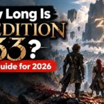 How long is Expedition 33, full E33 guide: four Expeditioners looking toward a floating monolith with the number 33