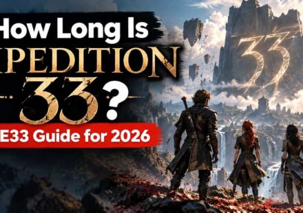 How long is Expedition 33, full E33 guide: four Expeditioners looking toward a floating monolith with the number 33