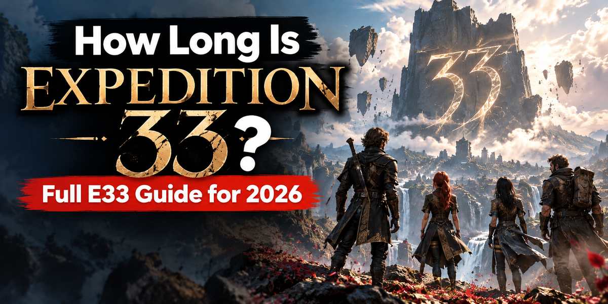 How long is Expedition 33, full E33 guide: four Expeditioners looking toward a floating monolith with the number 33