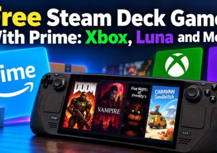 Steam Deck showing DOOM, Vampire, Five Nights at Freddy’s and Caravan SandWitch, with Prime, Xbox and Luna logos, for a guide to free games with Prime