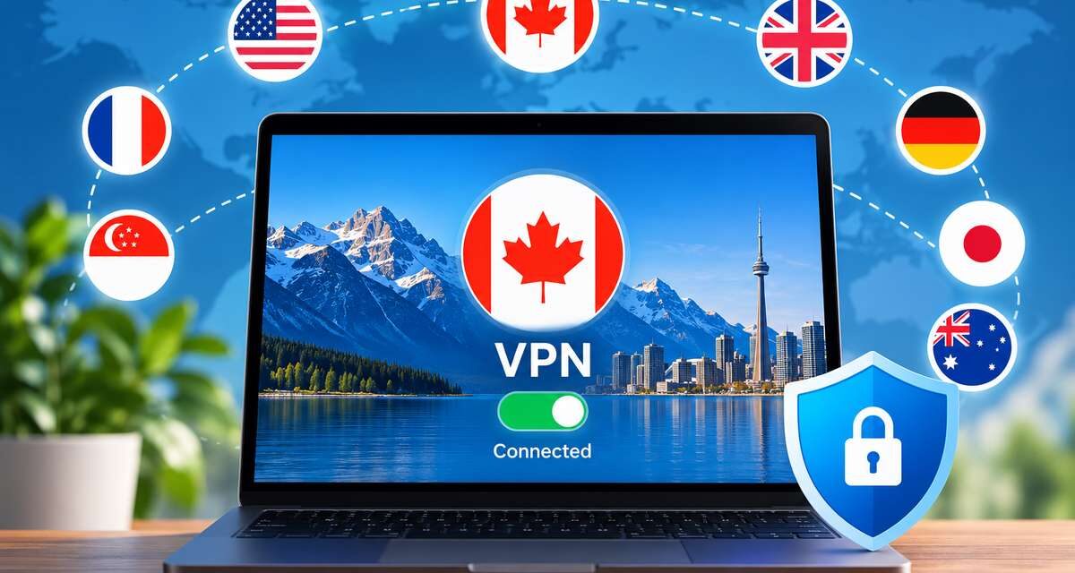 Laptop connected to a VPN with a Canada server, surrounded by flags of other server locations including the US, UK, Germany and Japan