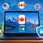 Free Canada VPN and More: Best Free VPNs by Country Laptop connected to a VPN with a Canada server, surrounded by flags of other server locations including the US, UK, Germany and Japan