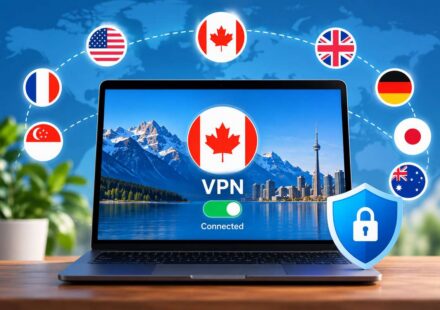 Laptop connected to a VPN with a Canada server, surrounded by flags of other server locations including the US, UK, Germany and Japan