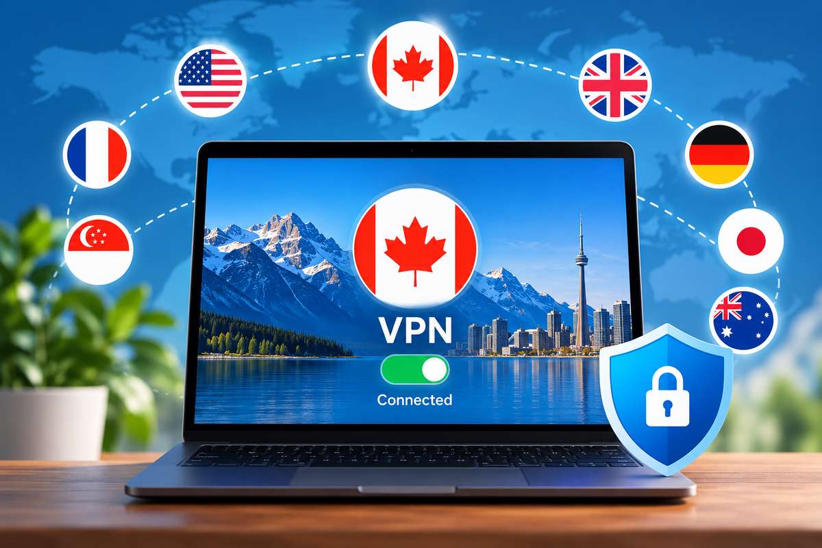 Laptop connected to a VPN with a Canada server, surrounded by flags of other server locations including the US, UK, Germany and Japan