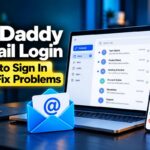 GoDaddy email login guide graphic showing an email inbox on a laptop and smartphone, a blue envelope icon, and lock, warning and wrench icons for sign-in and troubleshooting