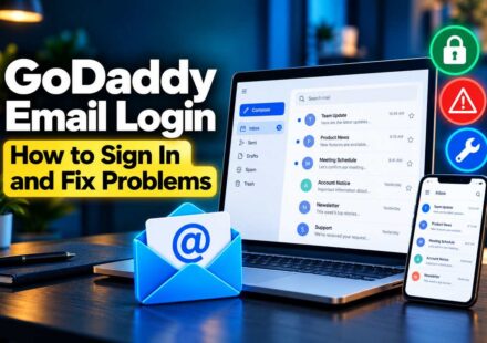 GoDaddy email login guide graphic showing an email inbox on a laptop and smartphone, a blue envelope icon, and lock, warning and wrench icons for sign-in and troubleshooting