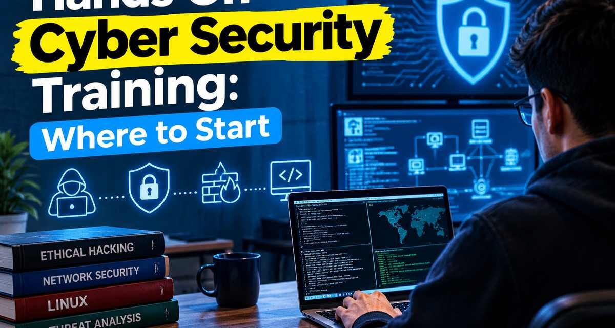Person practicing hands on cyber security training on a laptop, with security dashboards on screen and ethical hacking, network security and Linux books on the desk