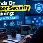 Hands On Cyber Security Training: Where to Start Person practicing hands on cyber security training on a laptop, with security dashboards on screen and ethical hacking, network security and Linux books on the desk