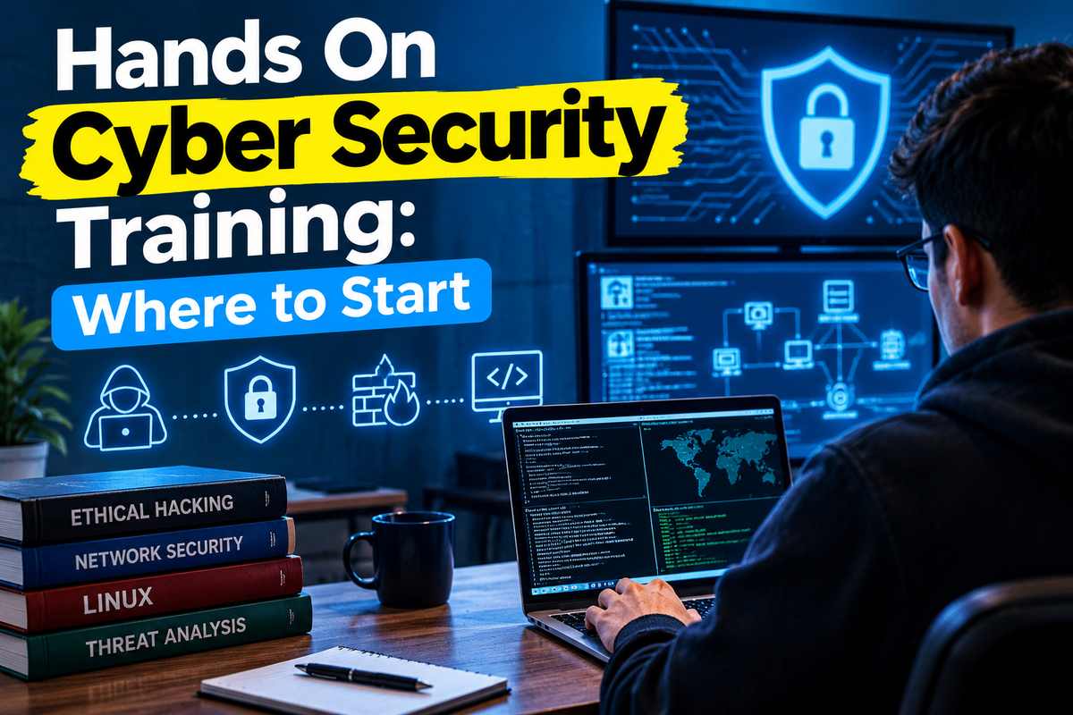 Person practicing hands on cyber security training on a laptop, with security dashboards on screen and ethical hacking, network security and Linux books on the desk