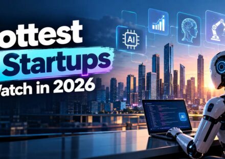 Hottest AI startups to watch in 2026 featured image showing a humanoid robot coding on a laptop in front of a city skyline, with floating icons for AI chips, robotics, cloud and security