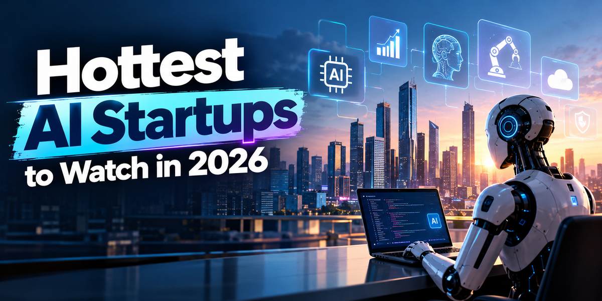 Hottest AI startups to watch in 2026 featured image showing a humanoid robot coding on a laptop in front of a city skyline, with floating icons for AI chips, robotics, cloud and security