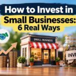 How to invest in small businesses illustration showing a miniature storefront with an open sign, rising stacks of coins with a growth arrow, a glass jar of coins labeled invest, and icons for partnerships, growth and funding