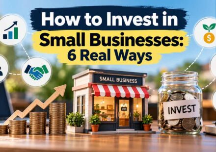 How to invest in small businesses illustration showing a miniature storefront with an open sign, rising stacks of coins with a growth arrow, a glass jar of coins labeled invest, and icons for partnerships, growth and funding
