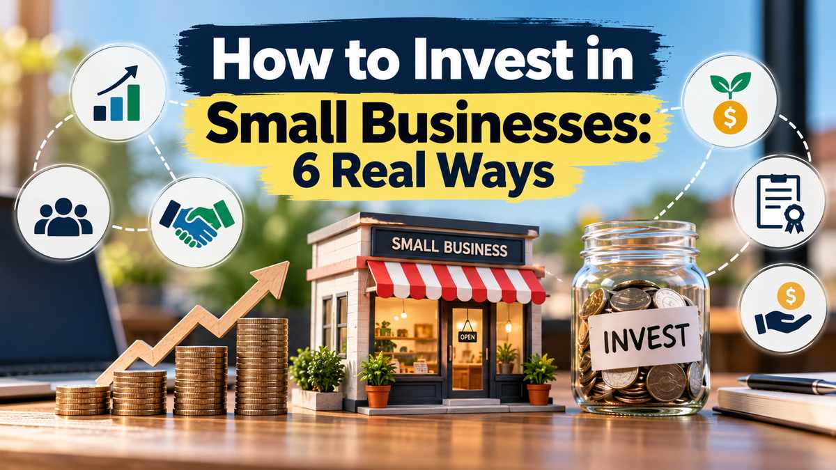How to invest in small businesses illustration showing a miniature storefront with an open sign, rising stacks of coins with a growth arrow, a glass jar of coins labeled invest, and icons for partnerships, growth and funding