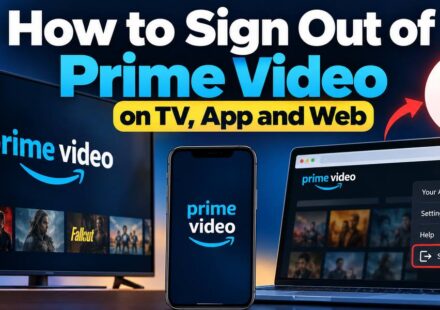 Prime Video open on a TV, phone and laptop, with the laptop menu showing the Sign Out option highlighted